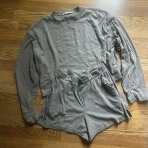 Abercrombie Ribbed Lounge Set - Taupe Long Sleeve Top & Shorts